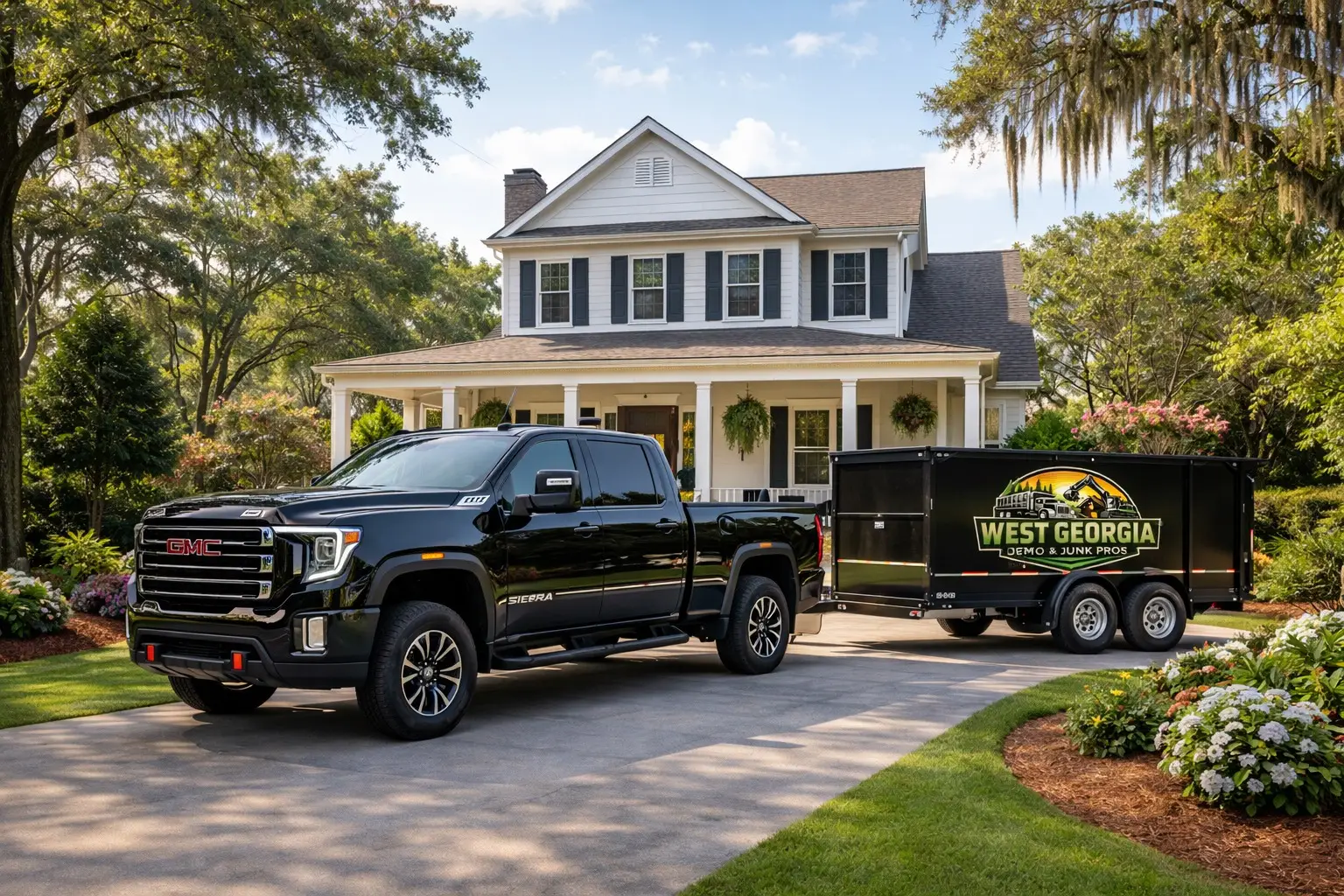 A black GMC Sierra truck towing a dump trailer - West Georgia Demo & Junk Pros